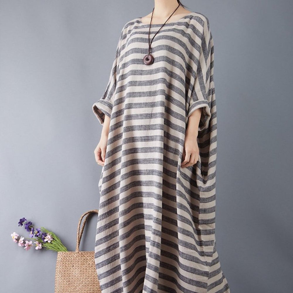 Summer Stripes Cotton Linen Dress Maxi/Kaftan NWOT